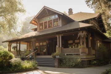 craftsman house, with wrap-around porch and hanging lanterns, against sunny background, created with generative ai