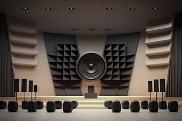 modern concert hall, with sleek audio speaker on stage and minimalist design, created with generative ai