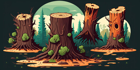 Tree stumps representing deforestation and environmental destruction - Generative AI