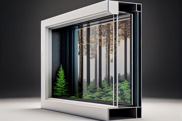 plastic window profile with reinforced glass insulated against background of forest, created with generative ai