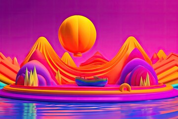 surrealistic float landscape with vibrant and neon colors, created with generative ai