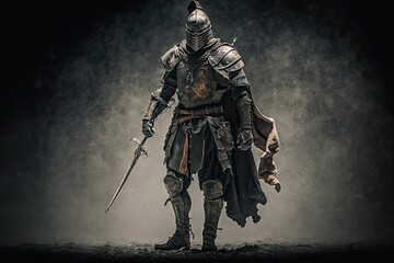 Fototapeta premium medieval warrior in armor walking with sword on gray background, created with generative ai