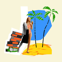 Businesswoman in formal wear and swimming suit, working, sipping cocktail on summer vacation in her...