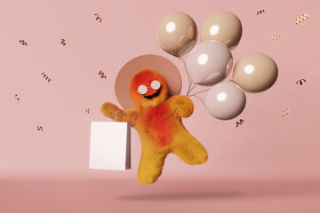 Cute Yeti flies on balloons shopping bag 3d character pink background. Branding mockup shopper template Online shop discount promo banner Creative festive sale advertising design Holiday gift purchase