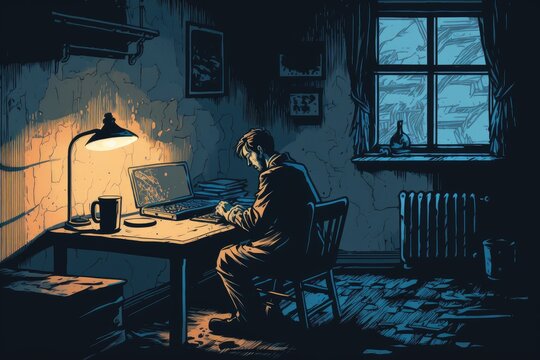 lonely worker in room with laptop working on projects and solving tasks at workaholism, created with generative ai