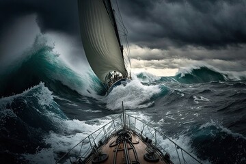 high waves on open sea sailing in a storm, created with generative ai