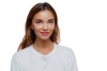 Pretty young woman uses cosmetics for looking young and beautiful, has long hair, looks confidently at camera with happy tender smile, wears casual outfit, poses over purple wall, blank space on right