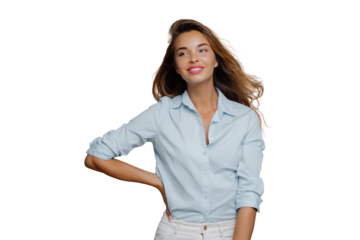 Shot of pretty cheerful European woman keeps one hand on waist, looks aside, has charming smile wears shirt and trousers, has slim perfect figure, enjoys shopping day, isolated over brown background