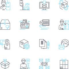 Postman linear icons set. Deliver, Courier, Parcel, Mail, Package, Carrier, Postal line vector and concept signs. Letter,Delivery,Messenger outline illustrations