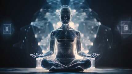 Human meditate in lotus pose with blue energy flow through his body. Transcendental yoga or prayer. Generative AI