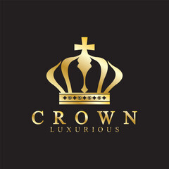 Gold crown icons. Queen king golden crowns luxury Logo Design Vector on black background