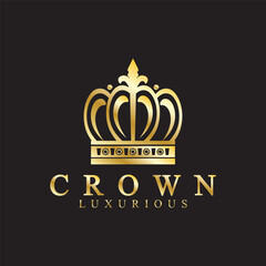 Gold crown icons. Queen king golden crowns luxury Logo Design Vector on black background