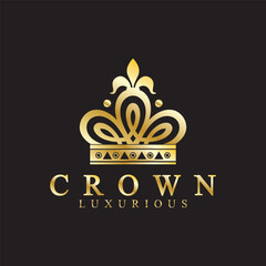 Gold crown icons. Queen king golden crowns luxury Logo Design Vector on black background