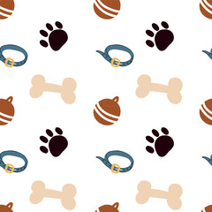 Seamless pattern on the theme of pets. Dogs, toys for dogs, balls, cute footprints, blue bones, collar drawn in vector on a tablet. For printing, packaging design, postcards and scrapbooking.