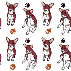 Seamless pattern on the theme of pets. Brown and white Basenji puppy, dog toys, brown balls, cute footprints drawn in vector on a tablet. For printing, packaging design, postcards and scrapbooking.