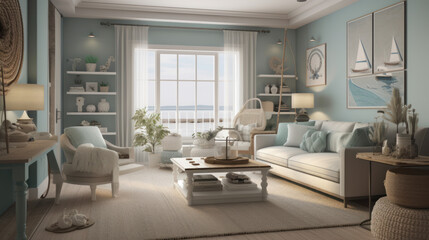 Fototapeta na wymiar A serene and coastal living room with nautical, Generative AI