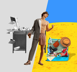 Young man, employee standing at summer beach, packing suits and fishing workings tasks. Contemporary art collage. Concept of business and vacation, inspiration, surrealism. Creative design