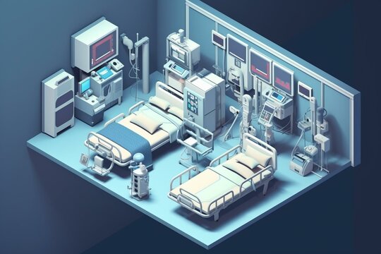 Intensive Care Unit Medical Ventilator For Covid-19 Coronavirus Patients. Artificial Lung Ventilation, Pneumonia Caused By Coronavirus Covid-19 Pandemic. Hospital Ward Room ICU. Generative AI