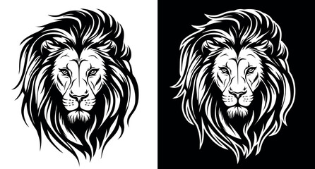 Lion head black and white line art vector illustration isolated on white and black background. Lion face with mane hair logo design.