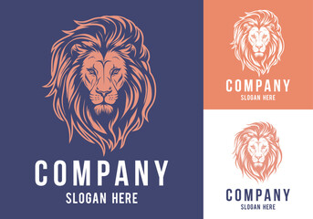 Lion head logo template design line art vector illustration isolated on white and dark backgrounds. Lion face with mane hair brand identity logotype design.