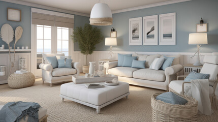 A serene and coastal living room with nautical, Generative AI