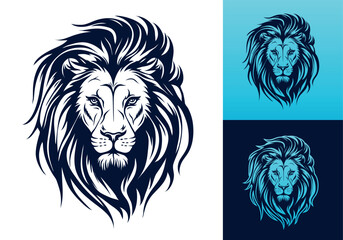 Lion head logo template design line art vector illustration isolated on white and dark backgrounds. Lion face with mane hair brand identity logotype design.