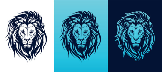 Lion face front view vector art image business company logo template, brand identity logotype on white and dark backgrounds.