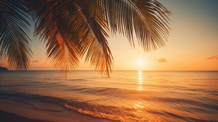 Fototapeta na wymiar Tropical summer seascape with palm leaves, beach and paradise ocean on sunset. Generative AI