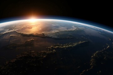 Satellite View Of Planet At Sunrise. Generative AI