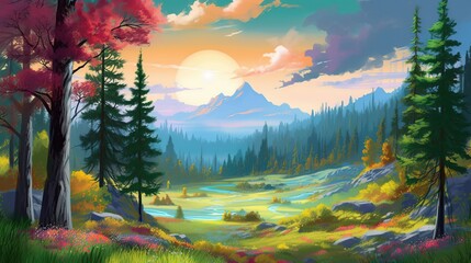 magical landscape of mountains with forest and river in bright colors. generative ai