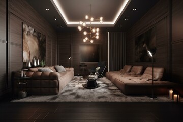 Home Theater room , Luxury interior #2 , 3D render. Generative AI