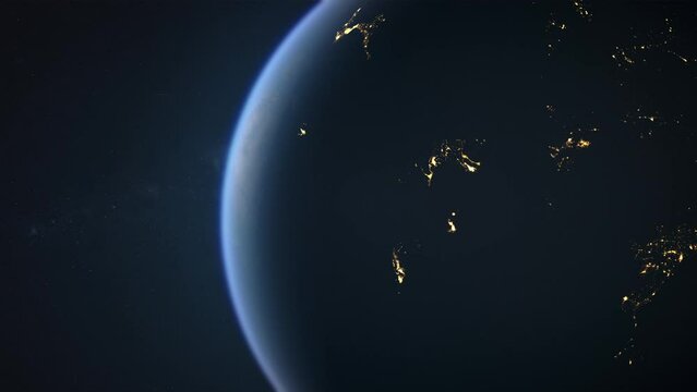 Global blackout on planet earth seen from space. The city lights are dimming. The continents are left in total darkness, power outage. Energy crisis,economic recession concept. Power grid turned off.