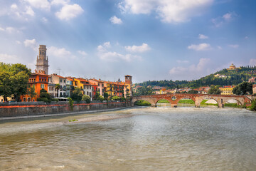 Amazing Verona cityscape view on the riverside with historical buildings ,bridges and tower