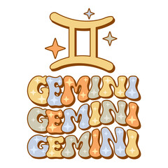 Gemini zodiac sign. Retro wavy text horoscope design.
