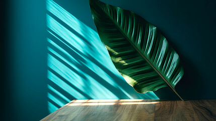 Tropical banana leaf shadow on pastel blue wall background lying wood panel.