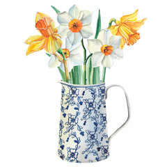 Watercolor spring bouquet of white and yellow daffodils. Narcissus in vintage porcelain vase with floral ornament. Illustration for postcard.