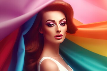A young caucasian transgender model with red hair holding a transgender pride flag over their head on a gay pride, banner for pride month, created with generative ai