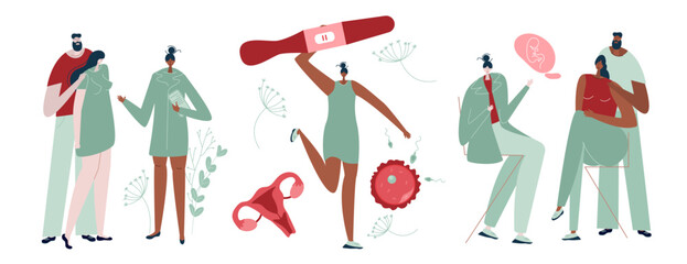 The set with gynecology consultation of planning a baby. Illustration with couple, pregnancy positive test, egg cell, sperm cell good for poster medical clinic.