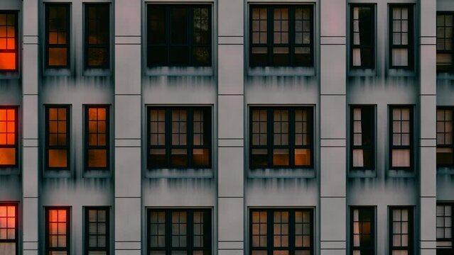 facade of an apartment building. drone view of a facade of a tower. 3d animation of a building in the evening. scroll the facade of a tower. illuminated windows of a building