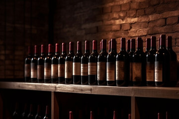 bottles of red wine on a wooden shelf. Generative AI