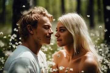 Fototapeta premium young couple or teenagers in nature, outdoors in the forest. Generative AI