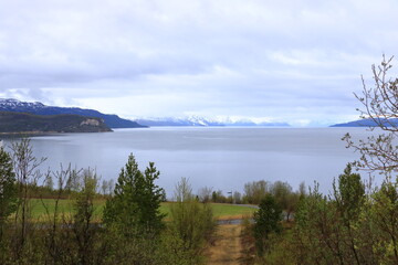 Beautiful landscape picture along the coast in Alta, Norway with beautiful mountains in the background of the sea in summer