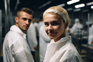 young woman with blond hair in a production hall or room, manufacturing and job, fictional place. Generative AI