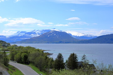 View to the Tjelsund Fjord from from the Tjelsund bridge, connecting the Norway mainland to the Lofoten islands on the King Olaf's way