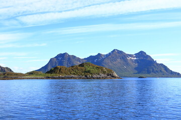 Mountains and fjords on Lofoten islands, Norway viewed from the boat
