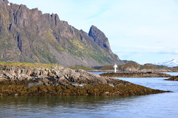 Fototapeta premium Mountains and fjords on Lofoten islands, Norway viewed from the boat