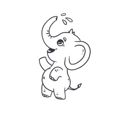 Obraz na płótnie Canvas Cute baby elephant poured water from his trunk. Coloring book.Doodle style. Kids vector illustration. 