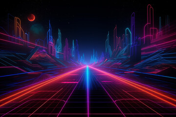 Abstract background neon lights with lines and a grid visuals technology Generative AI - obrazy, fototapety, plakaty