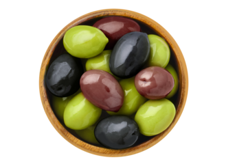 Delicious olives in wooden bowl, cut out