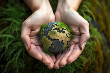 Woman hands holding a world globe made of earth and moss. Earth care concept. Generative AI